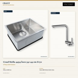 Crauf Stella 4454 İnox 54×44 cm Evye + Pesce 4060 Platinum Satin (İnox) Batarya | 2 Parça Soft Classic
