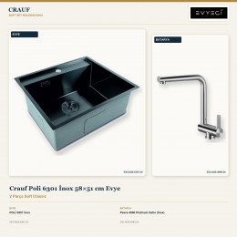 Crauf Poli 6301 İnox 58×51 cm Evye + Pesce 4060 Platinum Satin (İnox) Batarya | 2 Parça Soft Classic