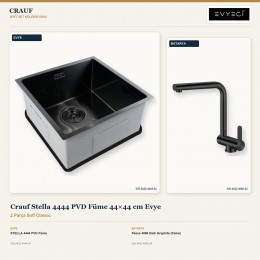 Crauf Stella 4444 PVD Füme 44×44 cm Evye + Pesce 4060 Dark Graphite (Füme) Batarya | 2 Parça Soft Classic