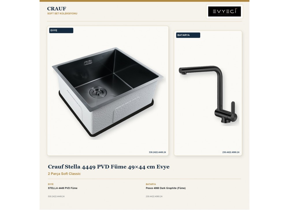Crauf Stella 4449 PVD Füme 49×44 cm Evye + Pesce 4060 Dark Graphite (Füme) Batarya | 2 Parça Soft Classic Crauf Stella 4449 PVD Füme 49×44 cm Evye + Pesce 4060 Dark Graphite (Füme) Batarya | 2 Parça Soft Classic