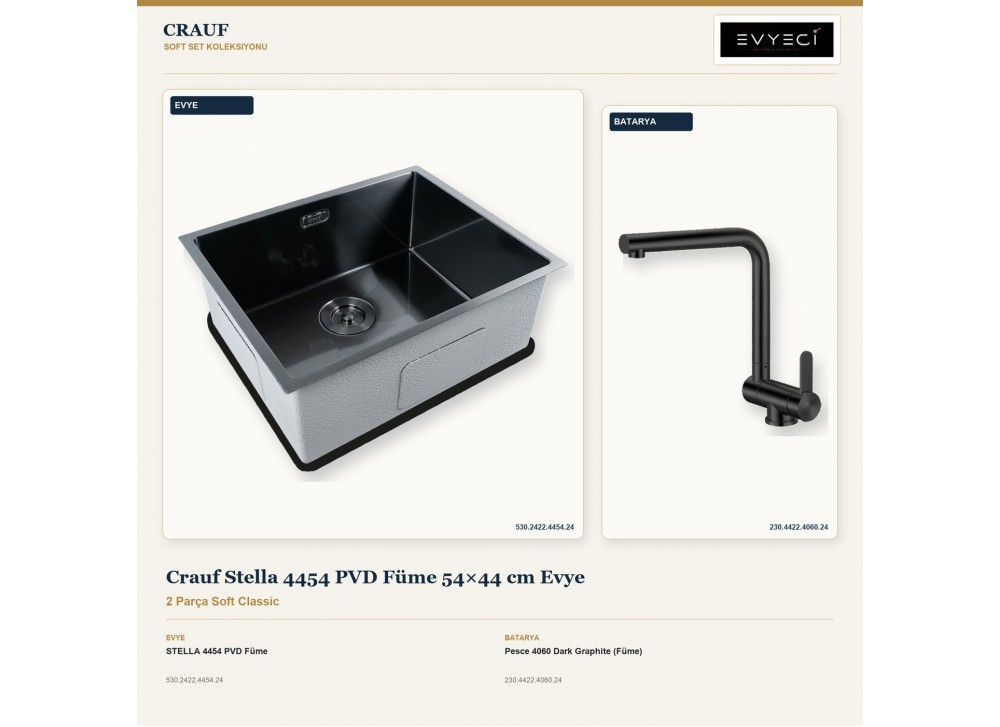 Crauf Stella 4454 PVD Füme 54×44 cm Evye + Pesce 4060 Dark Graphite (Füme) Batarya | 2 Parça Soft Classic Crauf Stella 4454 PVD Füme 54×44 cm Evye + Pesce 4060 Dark Graphite (Füme) Batarya | 2 Parça Soft Classic