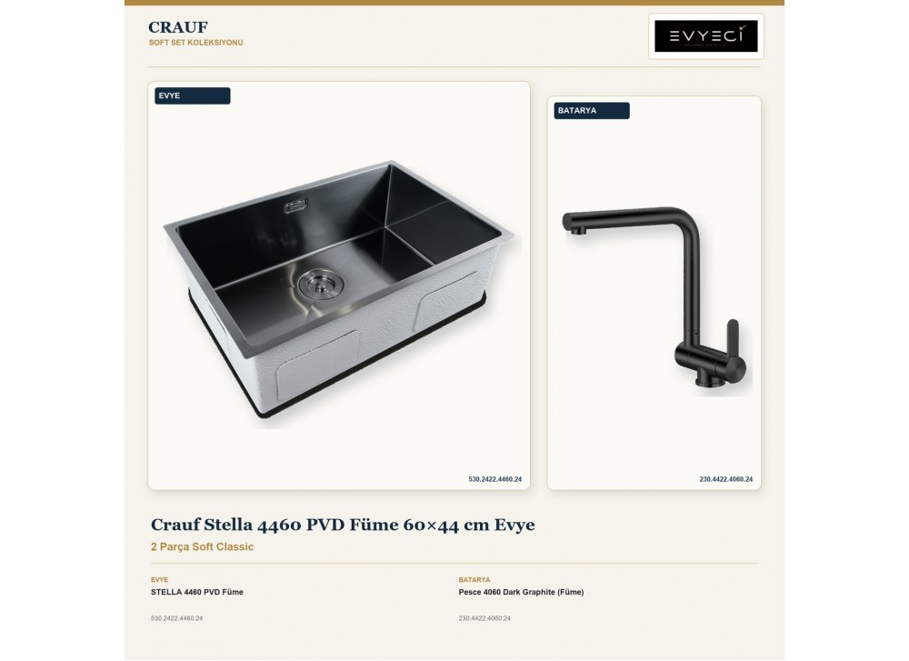 Crauf Stella 4460 PVD Füme 60×44 cm Evye + Pesce 4060 Dark Graphite (Füme) Batarya | 2 Parça Soft Classic Crauf Stella 4460 PVD Füme 60×44 cm Evye + Pesce 4060 Dark Graphite (Füme) Batarya | 2 Parça Soft Classic