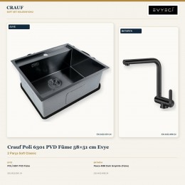 Crauf Poli 6301 PVD Füme 58×51 cm Evye + Pesce 4060 Dark Graphite (Füme) Batarya | 2 Parça Soft Classic