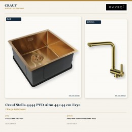 Crauf Stella 4444 PVD Altın 44×44 cm Evye + Pesce 4060 Imperial Gold (İpeksi Altın) Batarya | 2 Parça Soft Classic