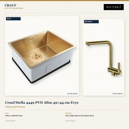 Crauf Stella 4449 PVD Altın 49×44 cm Evye + Pesce 4060 Imperial Gold (İpeksi Altın) Batarya | 2 Parça Soft Classic