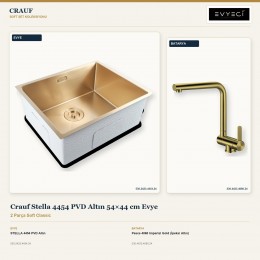 Crauf Stella 4454 PVD Altın 54×44 cm Evye + Pesce 4060 Imperial Gold (İpeksi Altın) Batarya | 2 Parça Soft Classic
