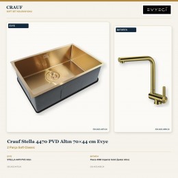 Crauf Stella 4470 PVD Altın 70×44 cm Evye + Pesce 4060 Imperial Gold (İpeksi Altın) Batarya | 2 Parça Soft Classic