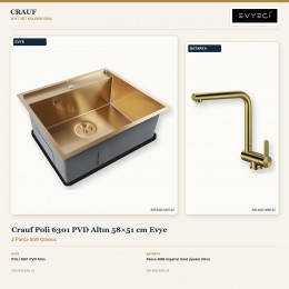 Crauf Poli 6301 PVD Altın 58×51 cm Evye + Pesce 4060 Imperial Gold (İpeksi Altın) Batarya | 2 Parça Soft Classic