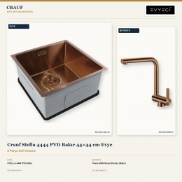 Crauf Stella 4444 PVD Bakır 44×44 cm Evye + Pesce 4060 Royal Bronze (Bakır) Batarya | 2 Parça Soft Classic