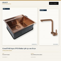 Crauf Poli 6301 PVD Bakır 58×51 cm Evye + Pesce 4060 Royal Bronze (Bakır) Batarya | 2 Parça Soft Classic