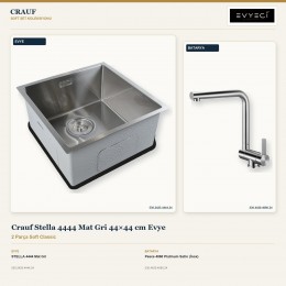 Crauf Stella 4444 Mat Gri 44×44 cm Evye + Pesce 4060 Platinum Satin (İnox) Batarya | 2 Parça Soft Classic