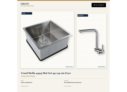 Crauf Stella 4444 Mat Gri 44×44 cm Evye + Pesce 4060 Platinum Satin (İnox) Batarya | 2 Parça Soft Classic