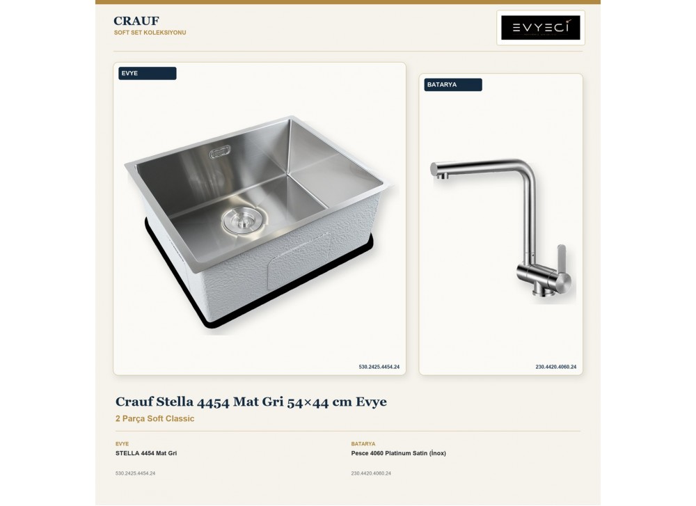 Crauf Stella 4454 Mat Gri 54×44 cm Evye + Pesce 4060 Platinum Satin (İnox) Batarya | 2 Parça Soft Classic Crauf Stella 4454 Mat Gri 54×44 cm Evye + Pesce 4060 Platinum Satin (İnox) Batarya | 2 Parça Soft Classic