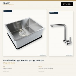 Crauf Stella 4454 Mat Gri 54×44 cm Evye + Pesce 4060 Platinum Satin (İnox) Batarya | 2 Parça Soft Classic