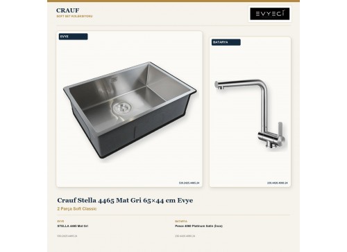 Crauf Stella 4465 Mat Gri 65×44 cm Evye + Pesce 4060 Platinum Satin (İnox) Batarya | 2 Parça Soft Classic