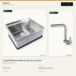 Crauf Poli 6301 Mat Gri 58×51 cm Evye + Pesce 4060 Platinum Satin (İnox) Batarya | 2 Parça Soft Classic