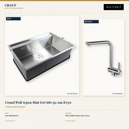 Crauf Poli 6302 Mat Gri 68×51 cm Evye + Pesce 4060 Platinum Satin (İnox) Batarya | 2 Parça Soft Classic