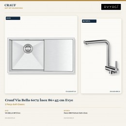 Crauf Via Bella 6072 İnox 86×45 cm Evye + Pesce 4060 Platinum Satin (İnox) Batarya | 2 Parça Soft Classic