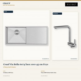 Crauf Via Bella 6074 İnox 100×45 cm Evye + Pesce 4060 Platinum Satin (İnox) Batarya | 2 Parça Soft Classic