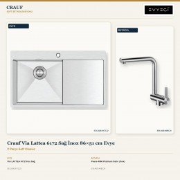 Crauf Via Lattea 6172 Sağ İnox 86×51 cm Evye + Pesce 4060 Platinum Satin (İnox) Batarya | 2 Parça Soft Classic