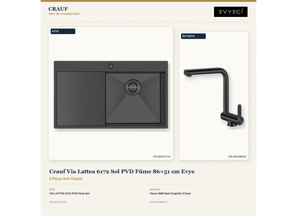 Crauf Via Lattea 6172 Sol PVD Füme 86×51 cm Evye + Pesce 4060 Dark Graphite (Füme) Batarya | 2 Parça Soft Classic Crauf Via Lattea 6172 Sol PVD Füme 86×51 cm Evye + Pesce 4060 Dark Graphite (Füme) Batarya | 2 Parça Soft Classic