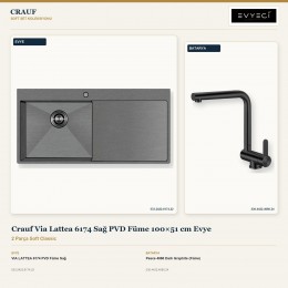 Crauf Via Lattea 6174 Sağ PVD Füme 100×51 cm Evye + Pesce 4060 Dark Graphite (Füme) Batarya | 2 Parça Soft Classic