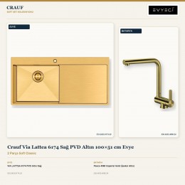 Crauf Via Lattea 6174 Sağ PVD Altın 100×51 cm Evye + Pesce 4060 Imperial Gold (İpeksi Altın) Batarya | 2 Parça Soft Classic