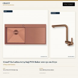 Crauf Via Lattea 6174 Sağ PVD Bakır 100×51 cm Evye + Pesce 4060 Royal Bronze (Bakır) Batarya | 2 Parça Soft Classic