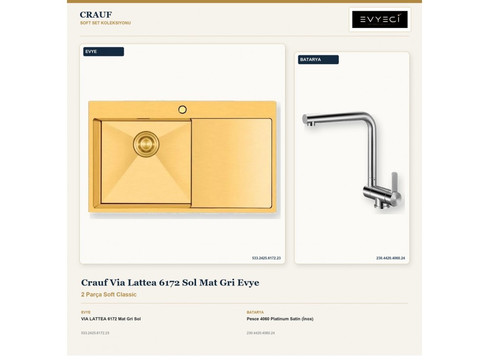Crauf Via Lattea 6172 Sol Mat Gri Evye + Pesce 4060 Platinum Satin (İnox) Batarya | 2 Parça Soft Classic Crauf Via Lattea 6172 Sol Mat Gri Evye + Pesce 4060 Platinum Satin (İnox) Batarya | 2 Parça Soft Classic