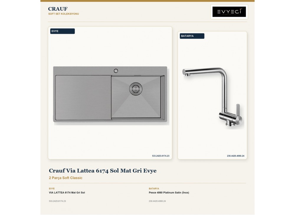 Crauf Via Lattea 6174 Sol Mat Gri Evye + Pesce 4060 Platinum Satin (İnox) Batarya | 2 Parça Soft Classic Crauf Via Lattea 6174 Sol Mat Gri Evye + Pesce 4060 Platinum Satin (İnox) Batarya | 2 Parça Soft Classic
