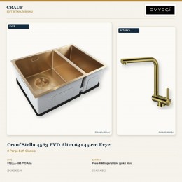 Crauf Stella 4563 PVD Altın 63×45 cm Evye + Pesce 4060 Imperial Gold (İpeksi Altın) Batarya | 2 Parça Soft Classic
