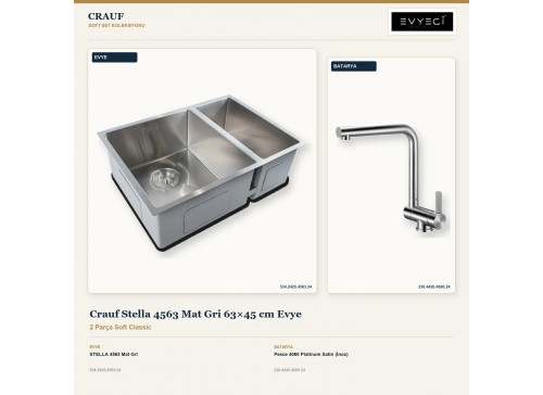 Crauf Stella 4563 Mat Gri 63×45 cm Evye + Pesce 4060 Platinum Satin (İnox) Batarya | 2 Parça Soft Classic