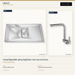 Crauf Speciale 5603 Sağ İnox 100×50 cm Evye + Pesce 4060 Platinum Satin (İnox) Batarya | 2 Parça Soft Classic