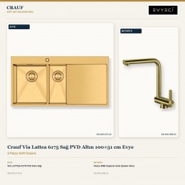 Crauf Via Lattea 6175 Sağ PVD Altın 100×51 cm Evye + Pesce 4060 Imperial Gold (İpeksi Altın) Batarya | 2 Parça Soft Classic
