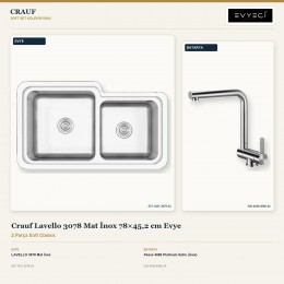 Crauf Lavello 3078 Mat İnox 78×45,2 cm Evye + Pesce 4060 Platinum Satin (İnox) Batarya | 2 Parça Soft Classic