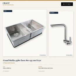 Crauf Stella 4580 İnox 80×45 cm Evye + Pesce 4060 Platinum Satin (İnox) Batarya | 2 Parça Soft Classic