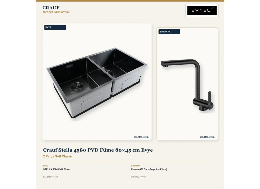 Crauf Stella 4580 PVD Füme 80×45 cm Evye + Pesce 4060 Dark Graphite (Füme) Batarya | 2 Parça Soft Classic Crauf Stella 4580 PVD Füme 80×45 cm Evye + Pesce 4060 Dark Graphite (Füme) Batarya | 2 Parça Soft Classic