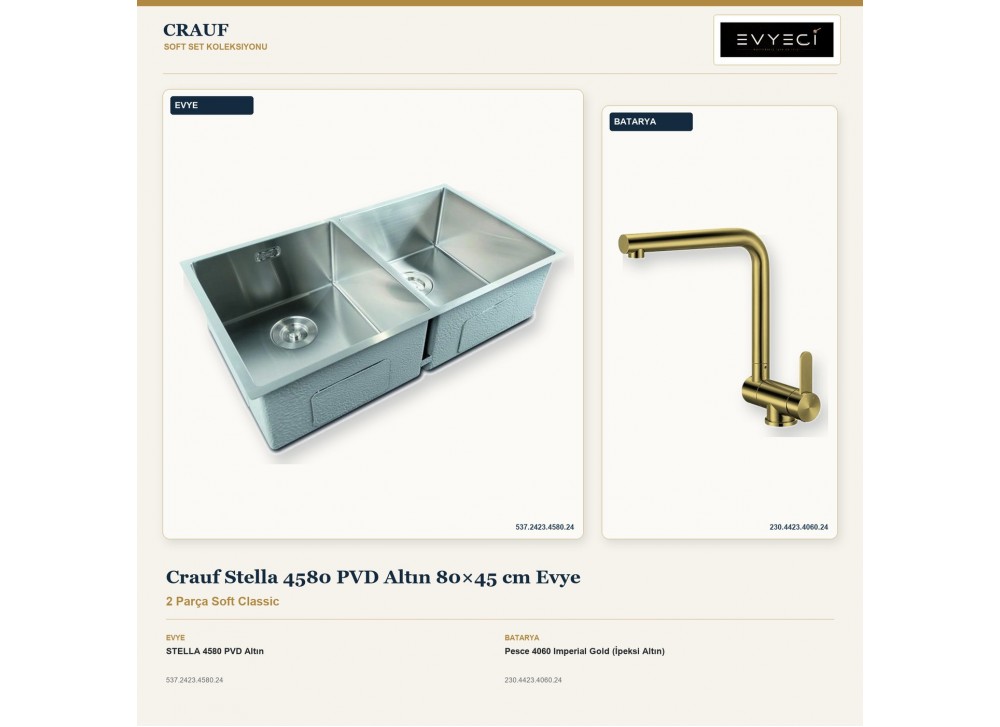 Crauf Stella 4580 PVD Altın 80×45 cm Evye + Pesce 4060 Imperial Gold (İpeksi Altın) Batarya | 2 Parça Soft Classic Crauf Stella 4580 PVD Altın 80×45 cm Evye + Pesce 4060 Imperial Gold (İpeksi Altın) Batarya | 2 Parça Soft Classic