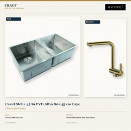 Crauf Stella 4580 PVD Altın 80×45 cm Evye + Pesce 4060 Imperial Gold (İpeksi Altın) Batarya | 2 Parça Soft Classic
