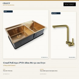 Crauf Poli 6311 PVD Altın 86×51 cm Evye + Pesce 4060 Imperial Gold (İpeksi Altın) Batarya | 2 Parça Soft Classic