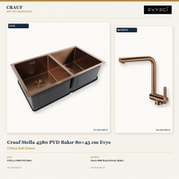 Crauf Stella 4580 PVD Bakır 80×45 cm Evye + Pesce 4060 Royal Bronze (Bakır) Batarya | 2 Parça Soft Classic