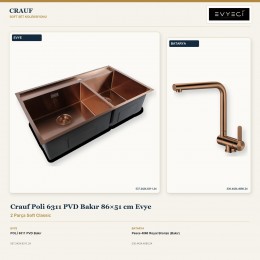 Crauf Poli 6311 PVD Bakır 86×51 cm Evye + Pesce 4060 Royal Bronze (Bakır) Batarya | 2 Parça Soft Classic