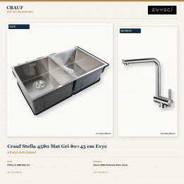 Crauf Stella 4580 Mat Gri 80×45 cm Evye + Pesce 4060 Platinum Satin (İnox) Batarya | 2 Parça Soft Classic