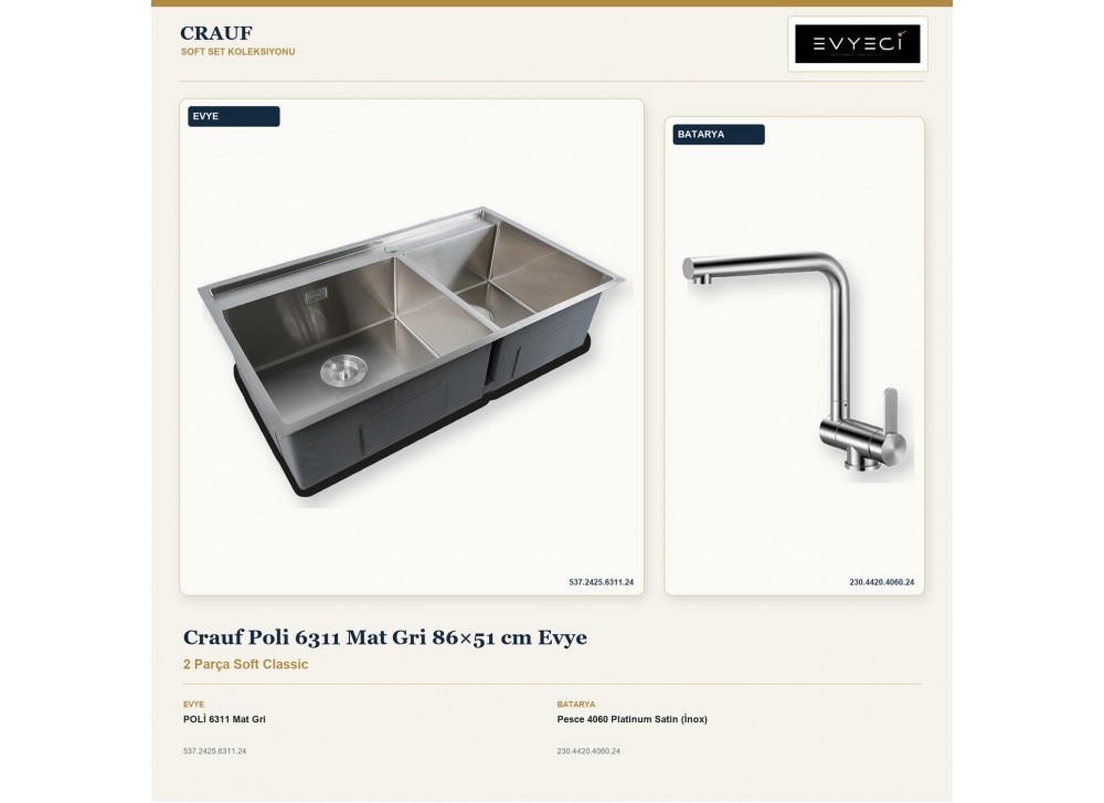 Crauf Poli 6311 Mat Gri 86×51 cm Evye + Pesce 4060 Platinum Satin (İnox) Batarya | 2 Parça Soft Classic Crauf Poli 6311 Mat Gri 86×51 cm Evye + Pesce 4060 Platinum Satin (İnox) Batarya | 2 Parça Soft Classic