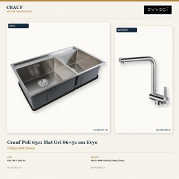 Crauf Poli 6311 Mat Gri 86×51 cm Evye + Pesce 4060 Platinum Satin (İnox) Batarya | 2 Parça Soft Classic
