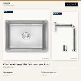 Crauf Venüs 3049 Mat İnox 49×44 cm Evye + Lusso 4030 Platinum Satin (İnox) Batarya | 2 Parça Soft Flex