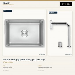 Crauf Venüs 3054 Mat İnox 54×44 cm Evye + Lusso 4030 Platinum Satin (İnox) Batarya | 2 Parça Soft Flex