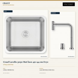 Crauf Lavello 3050 Mat İnox 49×44 cm Evye + Lusso 4030 Platinum Satin (İnox) Batarya | 2 Parça Soft Flex