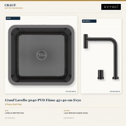 Crauf Lavello 3040 PVD Füme 45×40 cm Evye + Lusso 4030 Dark Graphite (Füme) Batarya | 2 Parça Soft Flex