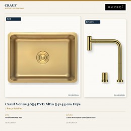 Crauf Venüs 3054 PVD Altın 54×44 cm Evye + Lusso 4030 Imperial Gold (İpeksi Altın) Batarya | 2 Parça Soft Flex